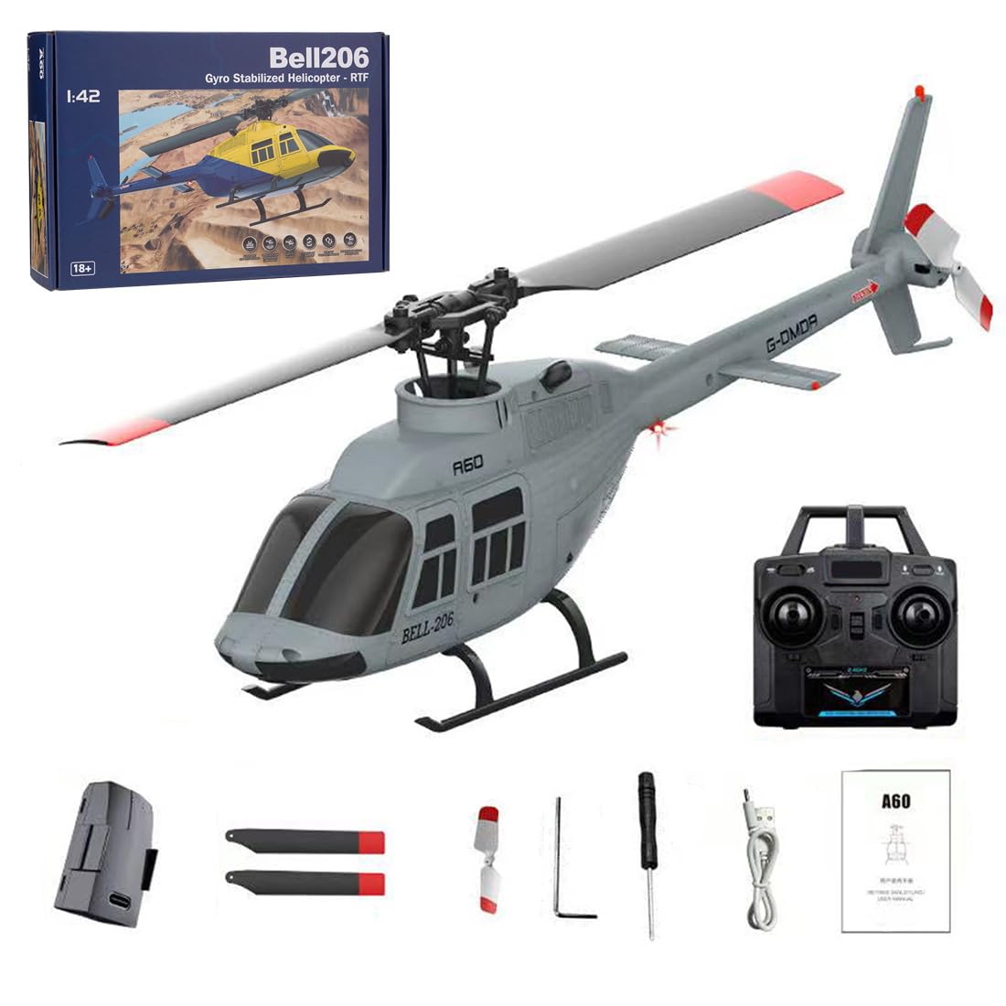 1/42 A60 206 RC Helicopter Outdoor, 2.4G 4CH A60 206 RC Helicopter for Adults, Single Rotor Flybarless Mini Aeroplane Model with Optical Flow Altitude Hold, Gift -RTF