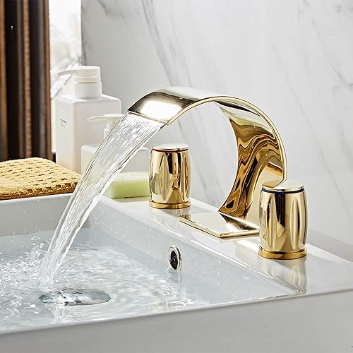 Miniatura 4 de Grifo de lavabo de baño de cascada de oro pulido brillante, grifo de lavabo de latón con dos manijas de cristal y tres agujeros, grifo mezclador de