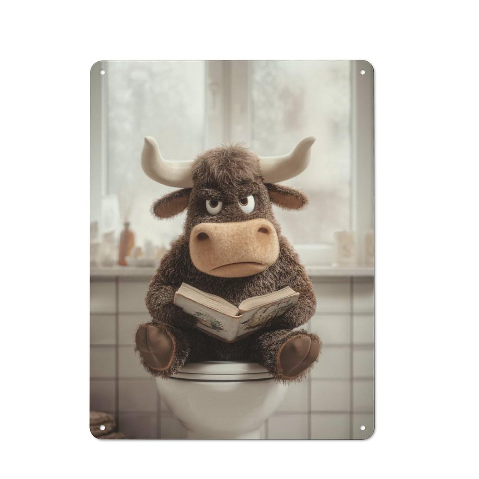 Junmoney Style-15 Retro Retro Metal Sign 40X30cm Featuring Furry Bull Reading A Book On Toilet, Garage Wall Decor For Garage, Hobby Room, Office Or Man Cave