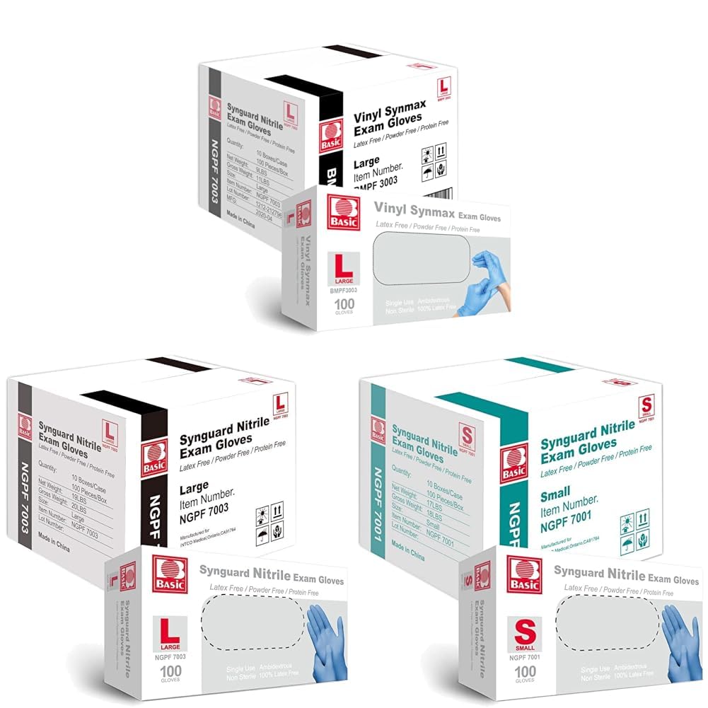 Basic Medical Synmax Vinyl Exam Gloves & Medical Blue Nitrile Exam Gloves & Medical Blue Nitrile Exam Gloves - Latex-Free & Powder-Free - NGPF-7001(Case of 1,000), Small