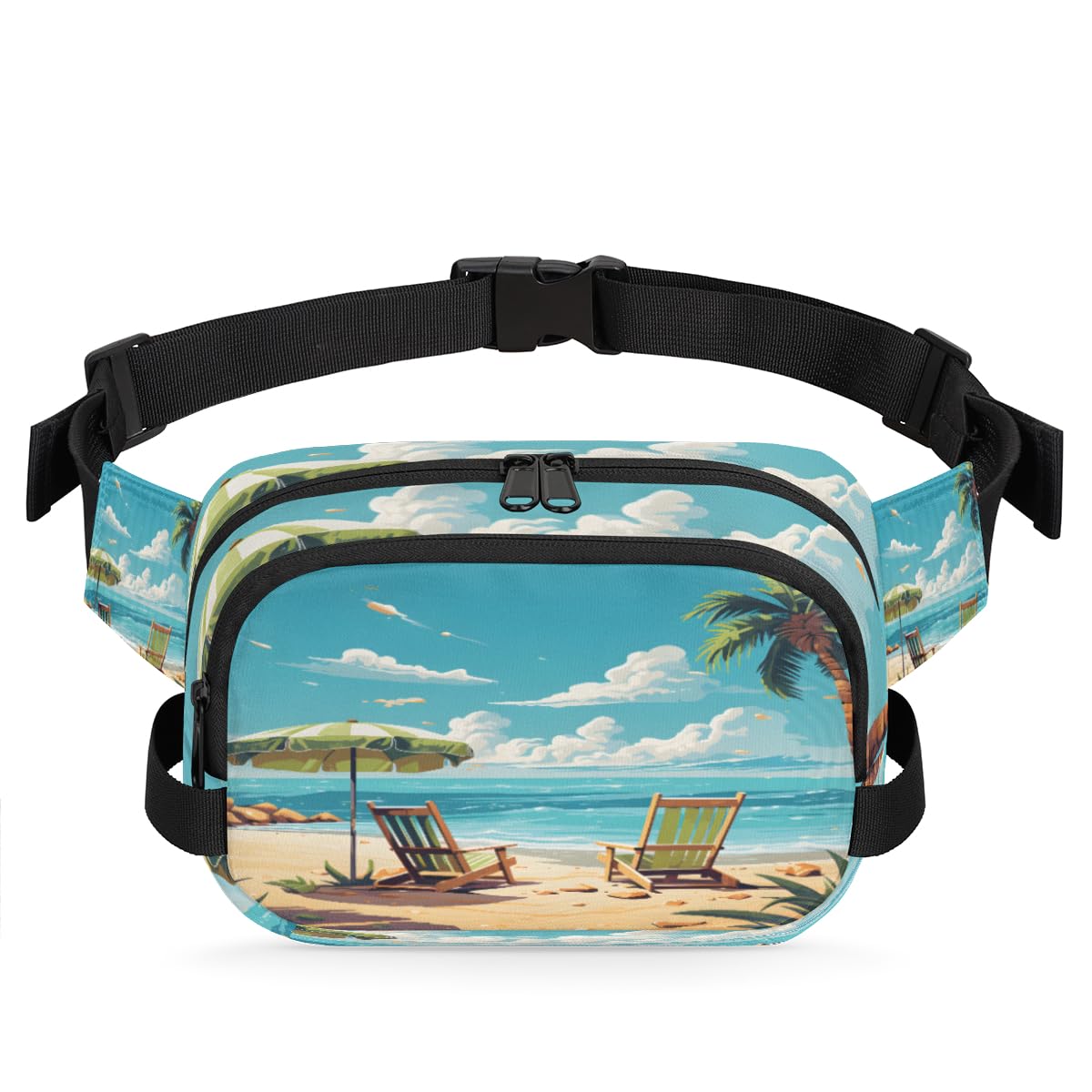 Seaside Beach Chair Fanny Pack for Women Men,Waist Pack with Adjustable Strap,Palm Tree Fashion Crossbody Packs Belt Bag for Running Workout Sports