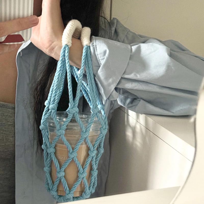 Porta-garrafas de água de macramê, bolsa leve para garrafa de água, bolsa de suporte de malha dobrável para viagens, pesca, caça, caminhadas, atividades ao ar livre, azul