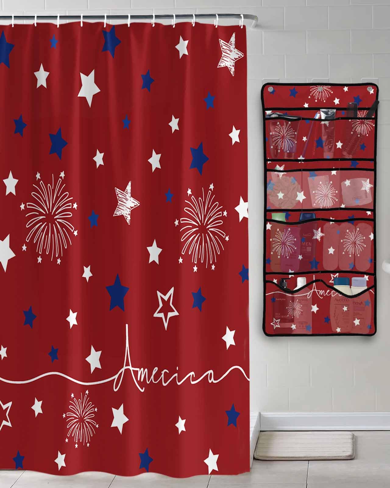 Shower Curtain Mesh Shower Organizer Hanging Set Independence Day America Blue Star Withs Waterproof Shower Curtains with 10