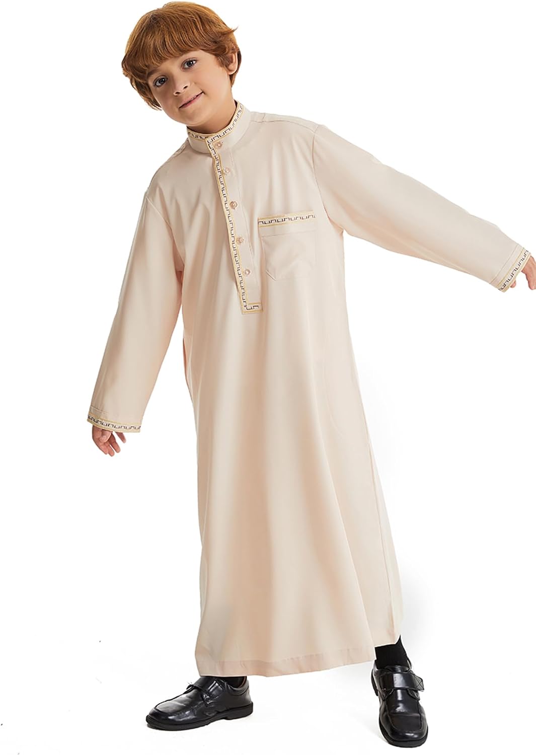 Qianliniuinc Boy's Islamic Dress Round Collar - Youth Long Sleeve Muslim Thobe Arabic Robe Embroidery Clothes with Pockets