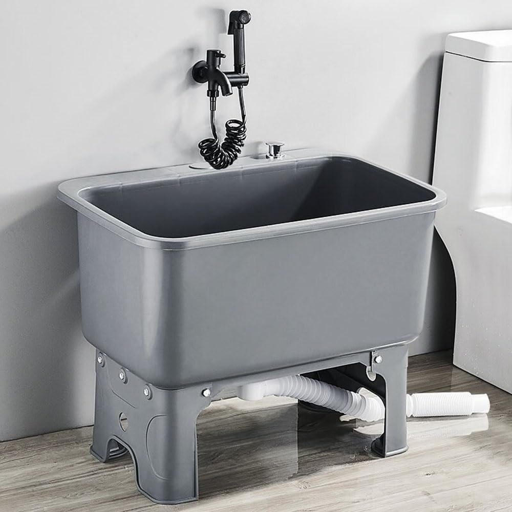 ASerZenith 23.5 Inch Plastic Freestanding Utility Sink Laundry Tub For Washing Clothes Cleaning Mops Pet Bathing Slop Sink In Black,Grey