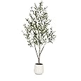 GarveeHome Faux Olive Tree 5ft,Tall Artificial Tree Indoor with 2 Natural Wood Trunks, Fake Plants Potted in White Planter, Floor Plants for Living Room House Decor,2PCS