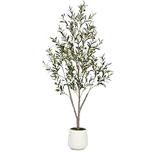 GarveeHome Faux Olive Tree 5ft,Tall Artificial Tree Indoor with 2 Natural Wood Trunks, Fake Plants Potted in White Planter, Floor Plants for Living Room House Decor,2PCS
