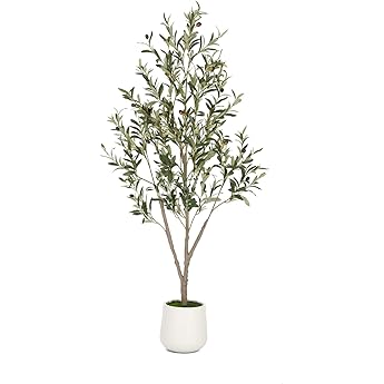 GarveeHome Faux Olive Tree 5ft,Tall Artificial Tree Indoor with 2 Natural Wood Trunks, Fake Plants Potted in White Planter, Floor Plants for Living Room House Decor,2PCS