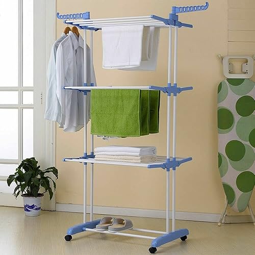 Miniatura 8 de Tendedero plegable de 3 niveles para secadora de ropa, soporte ajustable con 6 bandejas plegables, 2 alas laterales adicionales, fácil almacenamiento