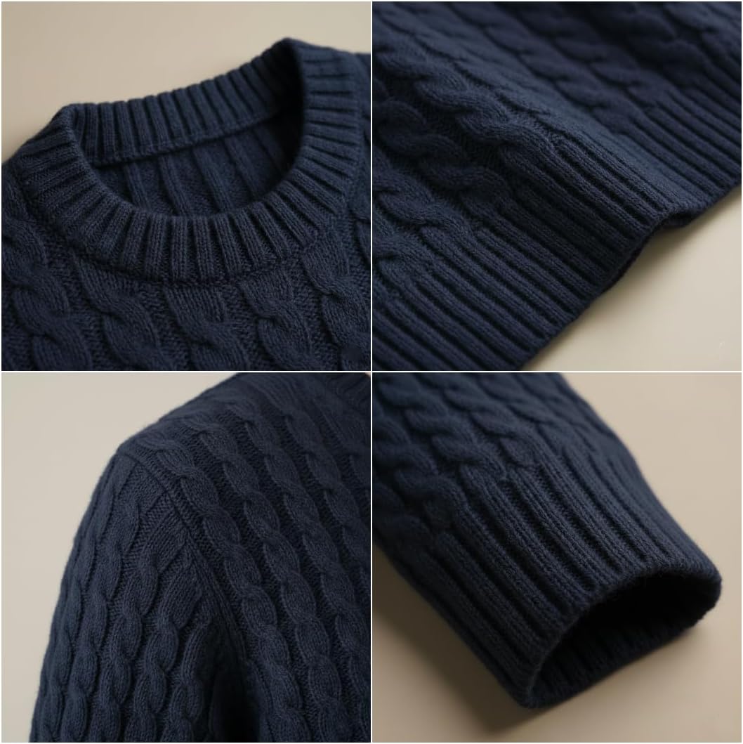 NPIA Certified 100% Pure Cashmere Men's Sweater | Hand-Knitted Cable Knit Crewneck Pullover | 2-Ply 15 Micron | 420g