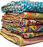 Shri Radhey Empire Indian Vintage Kantha Quilts Handmade Throws Reversible Cotton Blankets Assorted Colors, Bedspread Kantha 85X55 Inches 1 Pcs Lot