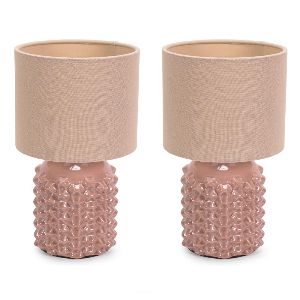 ValueLights Asha Pair of Ceramic Pink Geometric Table Lamps with Drum Lamp Shades in Natural