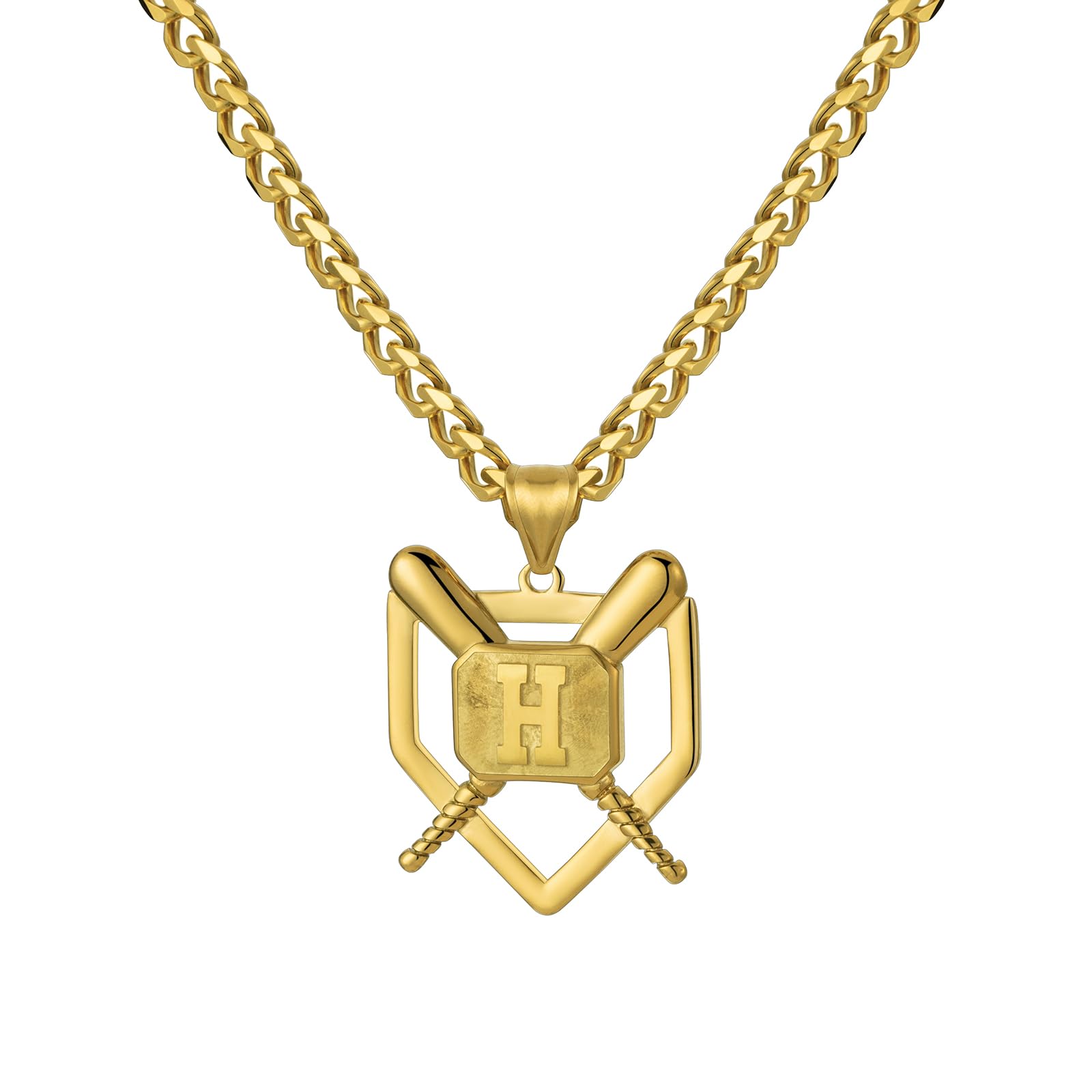 AMITER Baseball Necklace with A-Z Letter, Personalized Baseball Bat & Shield Pendant Necklace for Men, 22+2 inch Chain, 18K Gold Painted