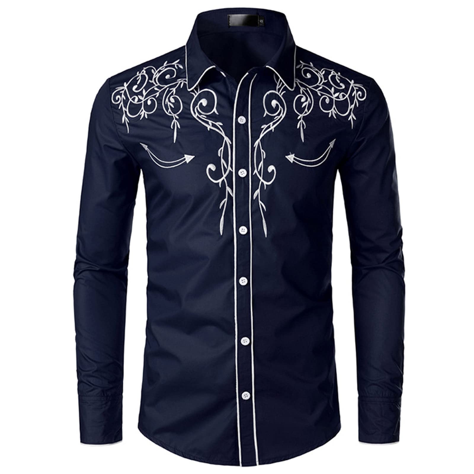 NW Mens Stylish Western Cowboy Shirt Embroidered Slim Fit Casual Long Sleeve Shirts Mens Wedding Party Shirt Navy