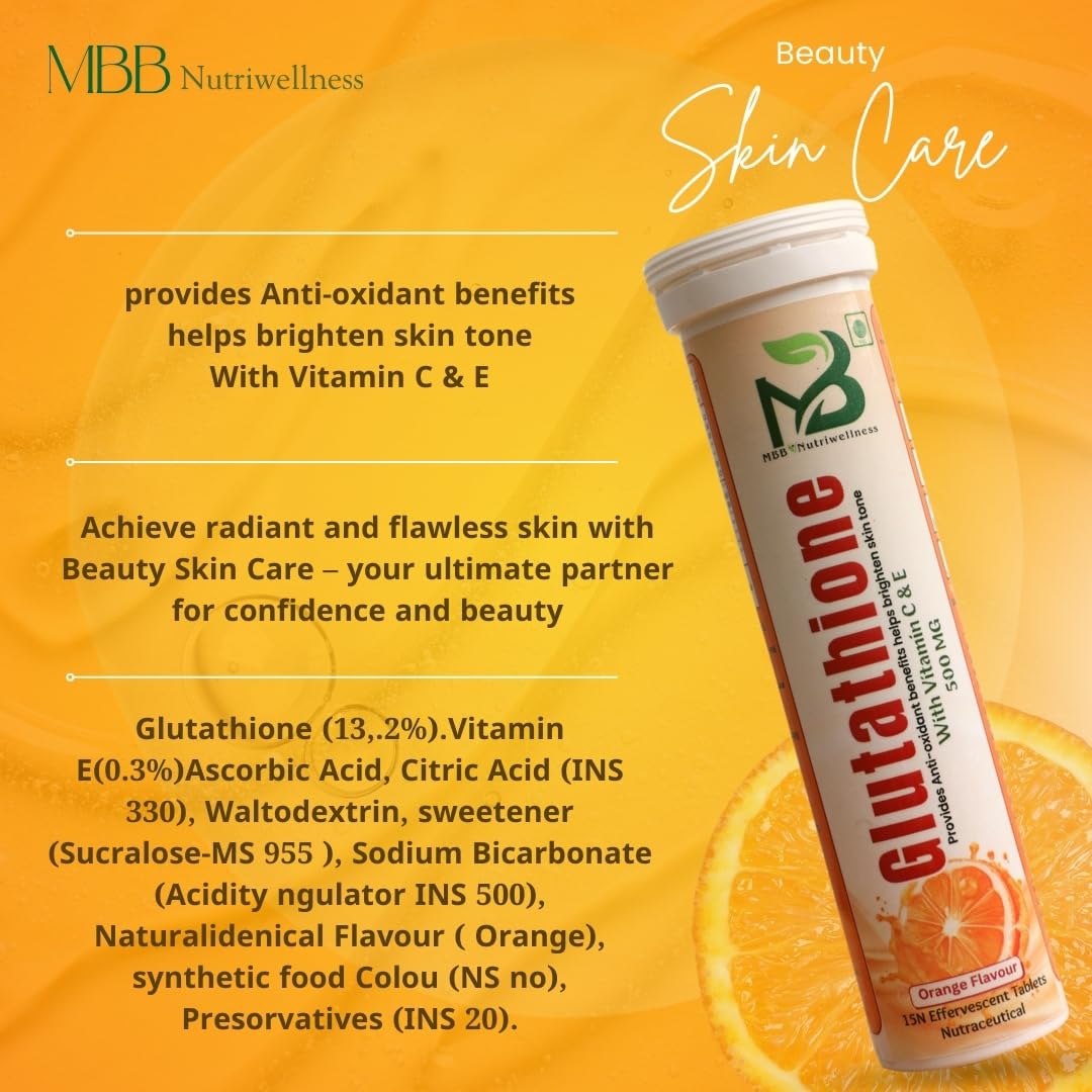 mbb glutathione MBB Nutriwellness Glutathione Effervescent Tablets, Orange Flavour with  Vitamin C & E, 500mg, 15 Tablets (Pack of 6) : Amazon.in: Health & Personal  Care