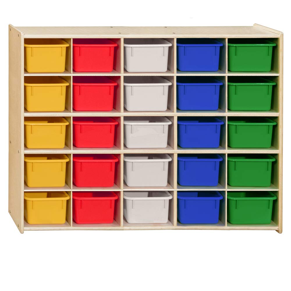 Contender 25 Cubbies Storage Cabinet with Assorted Color Trays, Kids Toys, Art and Craft Shelving Unit, Hardwood Shelf for Kindergarten, Homeschool,