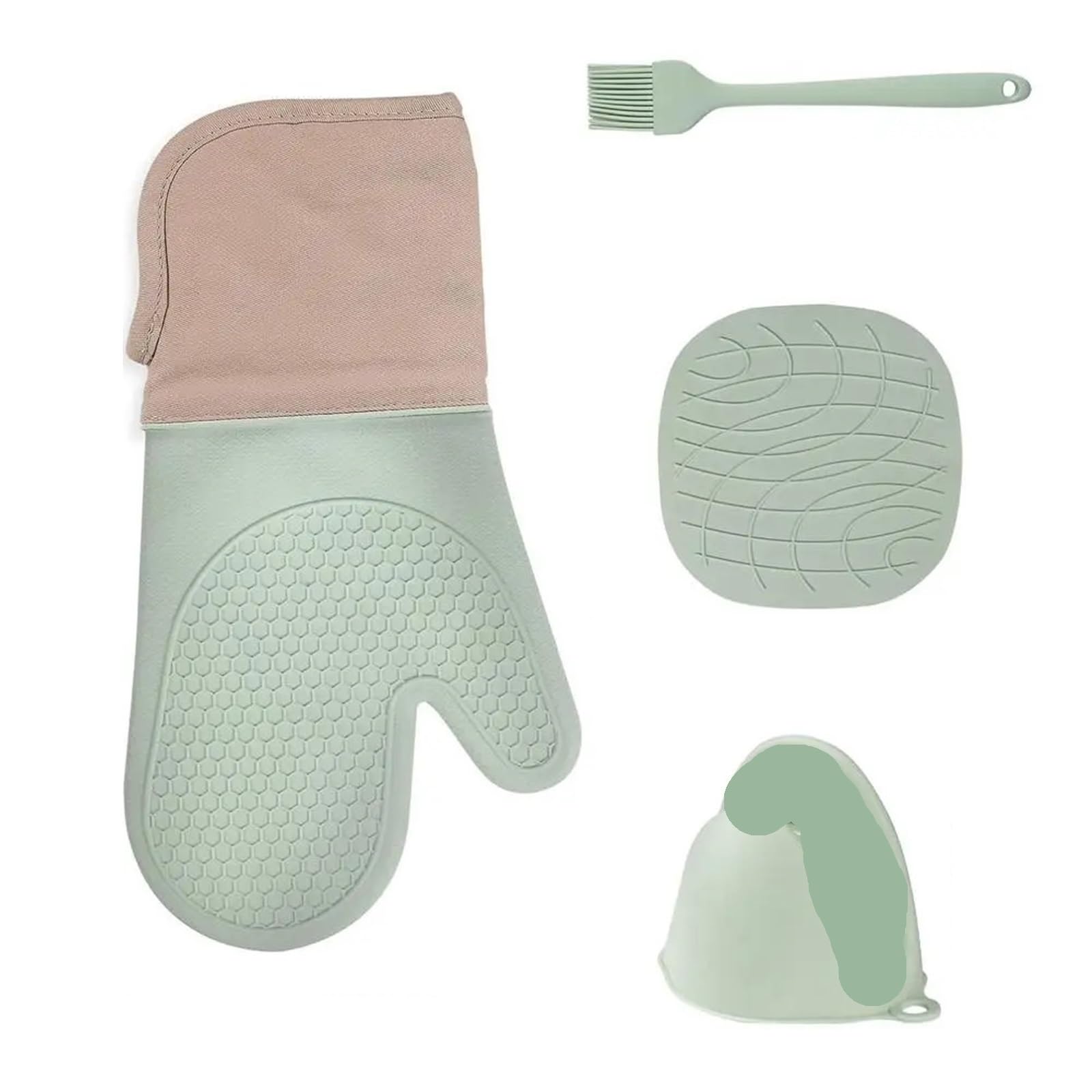 Ofenhandschuhe und Topflappen-Set, hitzebeständig, rutschfest, strukturierter Griff for Backen in der Küche(Green)