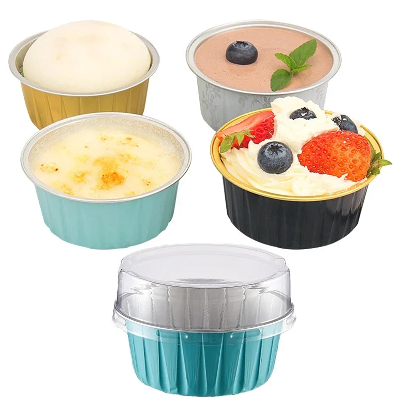 Cupcake Förmchen 100 stücke 125 ml Aluminiumfolie Kuchen Backförmchen Pudding Mousse Dessert Cupcake Kuchenförmchen Mit Deckel Gebäck Muffin Kuchenform(Gold)