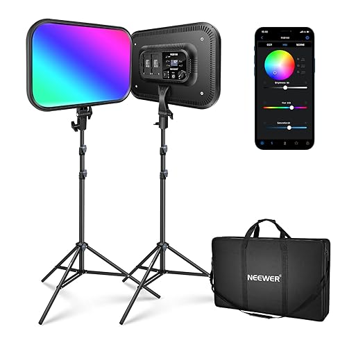 NEEWER RGB168 18.3" LED Video Light Panel with App Control Stand Kit 2 Packs, 360° Full Color 60W Dimmable 2500K-8500K CRI97+ 17 Effects Studio Lighting for Filming/Video Recording/Photography, Black - RGB168
