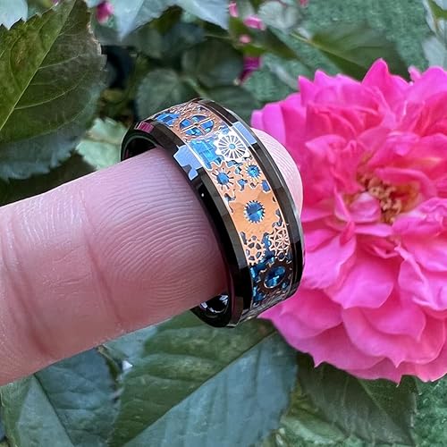 Miniatura 5 de Anillo de tungsteno de 6 mm y 8 mm color negro, plateado, rojo y azul para hombres y mujeres, anillos de matrimonio estilo Steampunk con engranes,