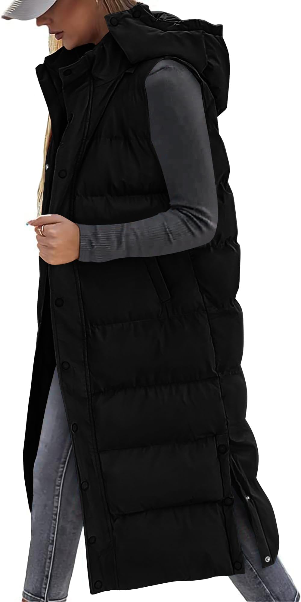 Long Puffer Vest Women Quilted Hooded Button Down Zip Up Sleeveless Vests Outerwear Padded Jacket Fall Winter Coat