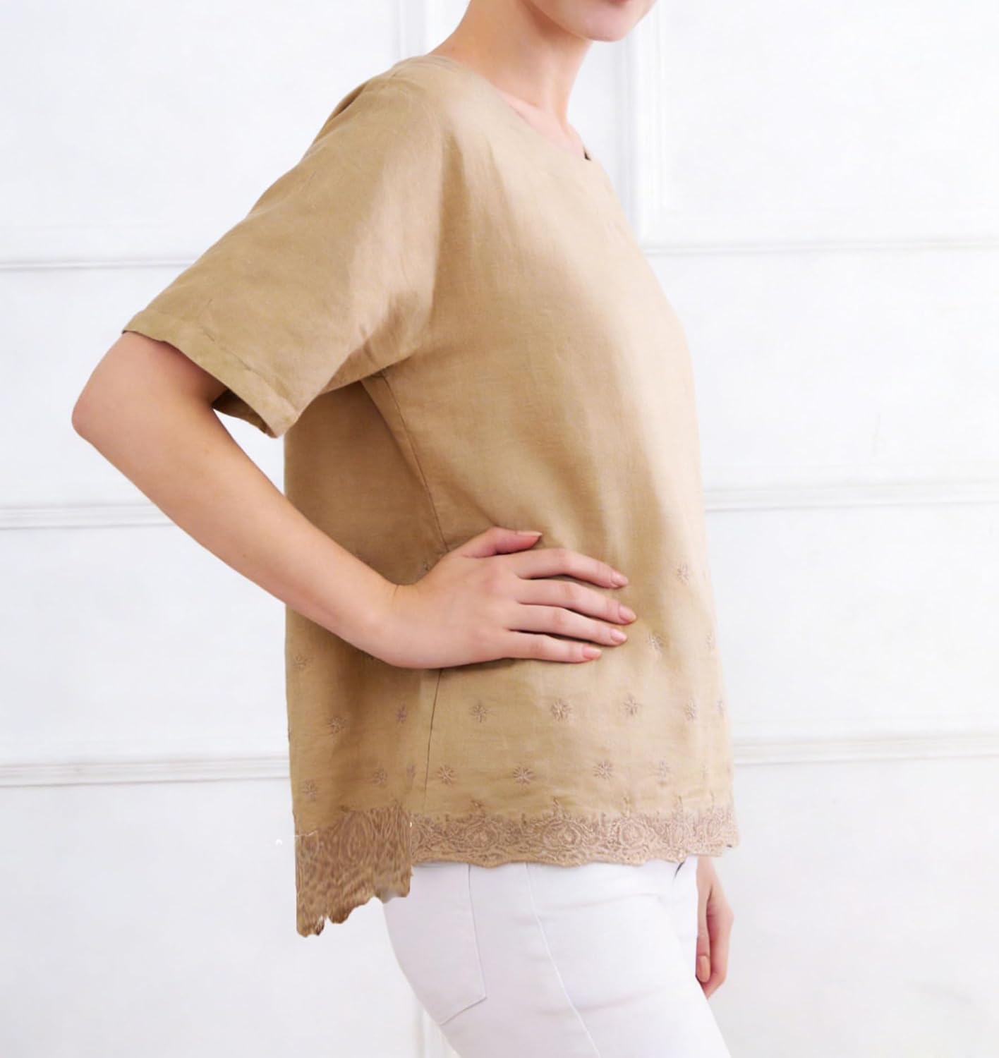 Minibee Women's Summer Linen Tunic Shirt High Low Hem Embroidery Blouse Top - Image 5