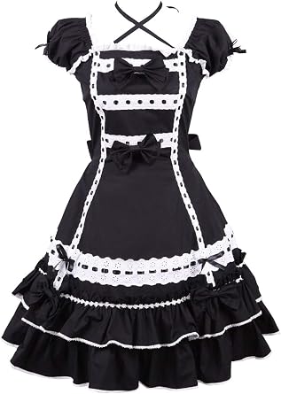 Antaina Black Cotton Lace Bows Ruffle Neck Strip Gothic Lolita Cosplay Dress