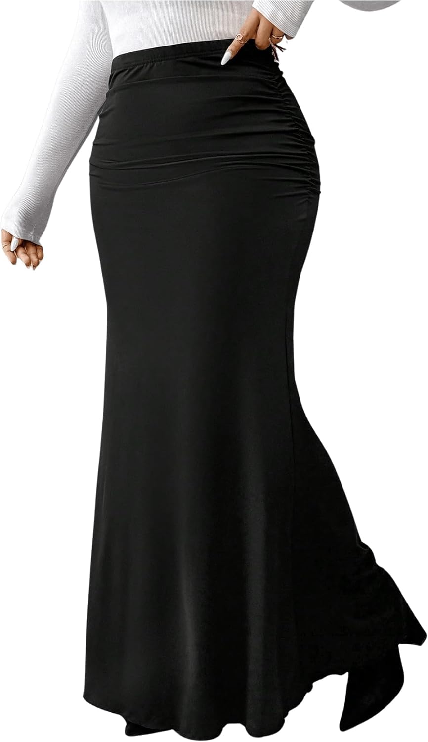 Women's Plus Size Maxi Skirt High Fishtail Knitted Bodycon Waisted Ruched Long Skirts