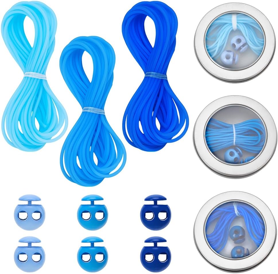WEBEEDY 3 Sets 3 Colors Knitting Barber Cords and 2 Hole Plastic Cord Locks with Storage Box, Blue Stitch Holder Cord Stitch Markers Knitting Needle Stoppers for Handmade Knit Craft Accessory