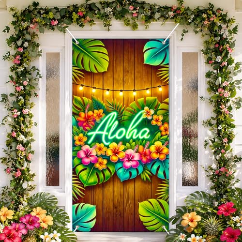 Image of BlissYard Aloha Door Cover Tiki Wall Hanging Door Banner for Summer Aloha Luau Party Front Door Banner Porch Sign for Decorations Hawaiian Luau Party Supplies Photo Backdrop 35.4 x 70.9 Inch