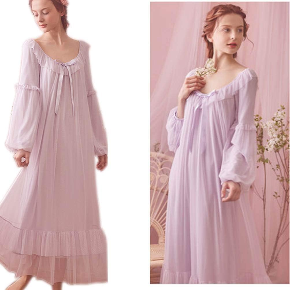 Women's Vintage Victorian Nightgown Long Sleeve Sheer Sleepwear Pajamas Nightwear Lounge Dress