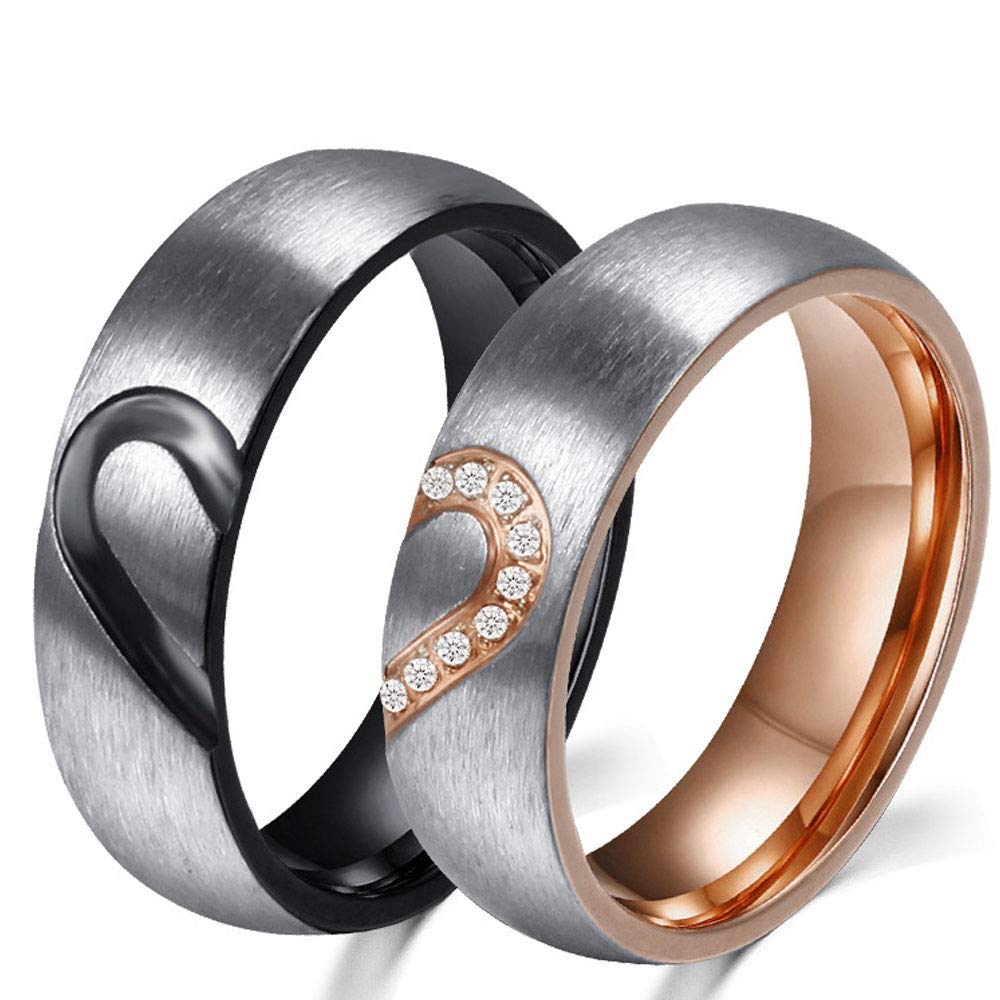 AONEWHis and Her Stainless Steel Heart Shape Couple Ring Set Two Tone Realy Love Promise Wedding Band for Womens Mens【Buy Two Rings for One Pair】