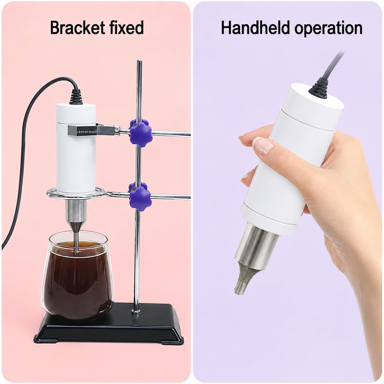 Sonicador homogeneizador ultrasónico con soporte ajustable para uso manual, ideal para aplicaciones de laboratorio e investigación, alta eficiencia y rendimiento versátil
