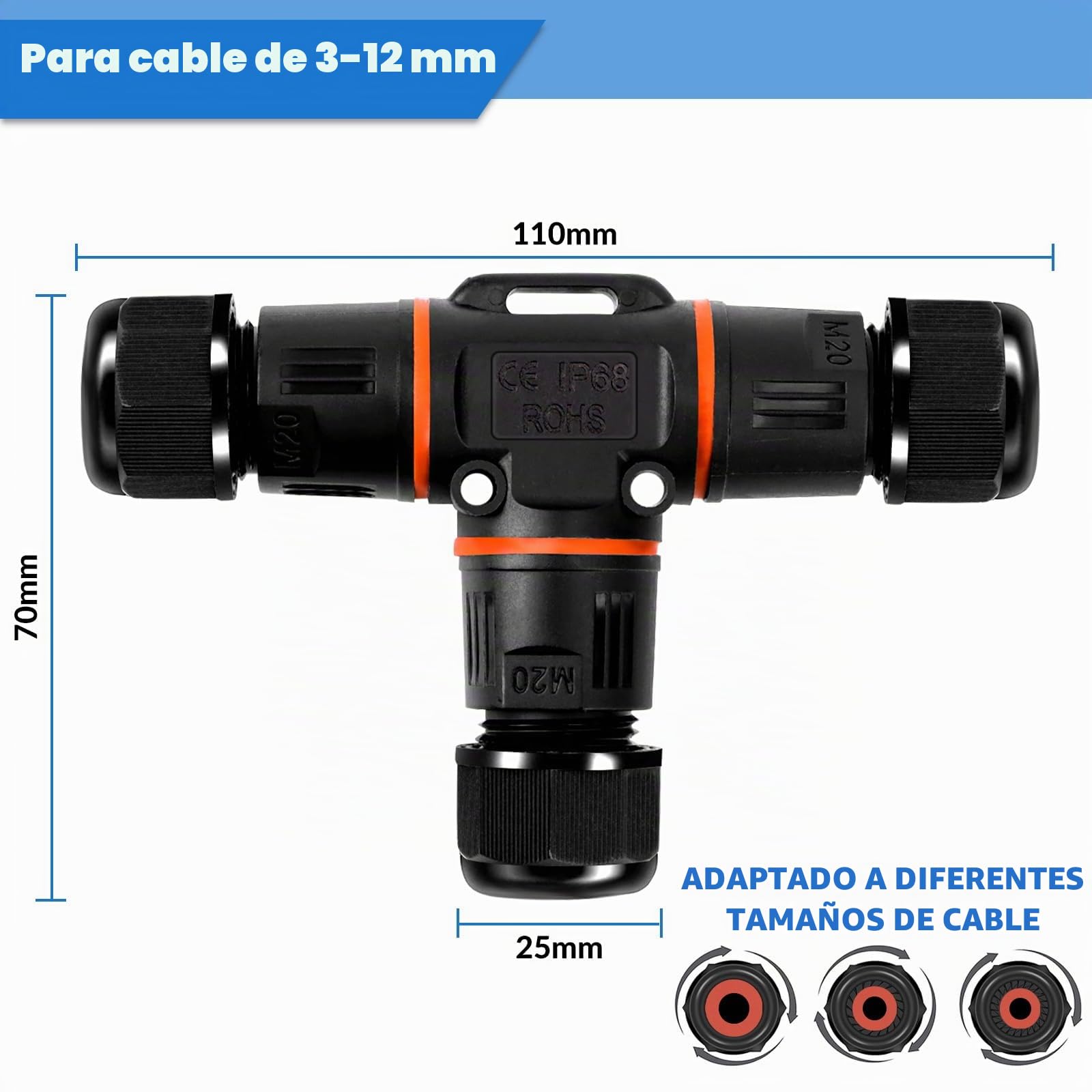 12 Piezas Conector Impermeable IP68, T Forma Caja de Conexión Impermeable IP68 3 Vías Empalme a Prueba Agua ABS Conector de Cable para Exteriores para Cable de Diámetro Ø3mm-12mm