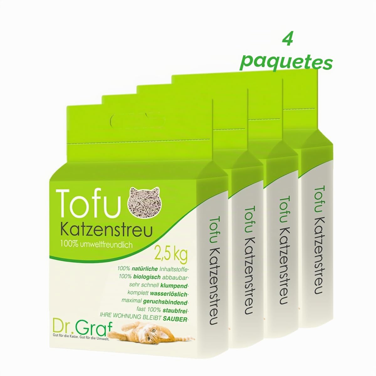 Tofu Arena para Gatos, 100% Natural, innovadora Arena de grumos, inodora, Completamente Soluble en Agua, Biodegradable, sin Polvo, Extremadamente Absorbente y de Secado rápido (4 Unidades)