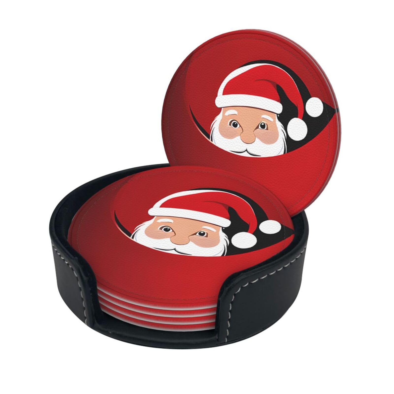 Santa Claus Print Coaster,Round Leather Coasters with Storage Box for Wine Mugs,Cold Drinks and Cups Tabletop Protection (6 Piece)
