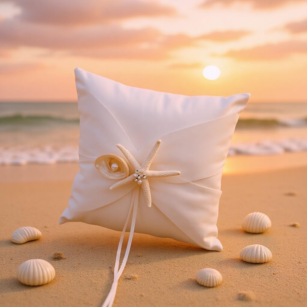 Beach Wedding Ring Bearer Pillow, White Satin, Starfish and Seashell Accent, Ribbon Tie, Nautical Ocean Theme