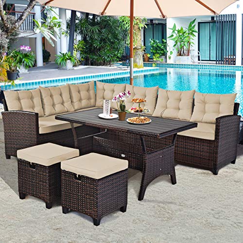 Tangkula 5 Pcs Patio Furniture Set, Outdoor Conversation Set With 6 Cushioned Seat 2 Ottomans & Coffee Table, All Weather Wicker Dining Table Set With Ottoman, Rattan Sectional Couch Sofa Set #TOP16