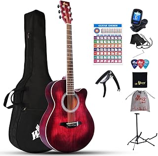 Winzz Akustikgitarre Rot, Westerngitarre 40 Zoll, Gitarre Anfänger Set mit Gitarre Tonabnehmer, Gitarrenständer, Gitarren Plektrum, Gitarrengurt, Gitarrenstimmgerät, Gitarrentasche