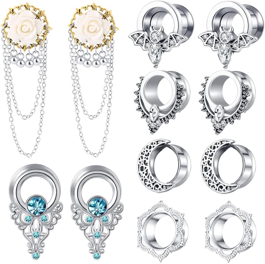 TIANCI FBYJS 6 Pairs Surgical Steel Dangle Gauges For Women Ear Tunnels and Plugs Earrings Gauges Ear Stretcher Piercing Plug