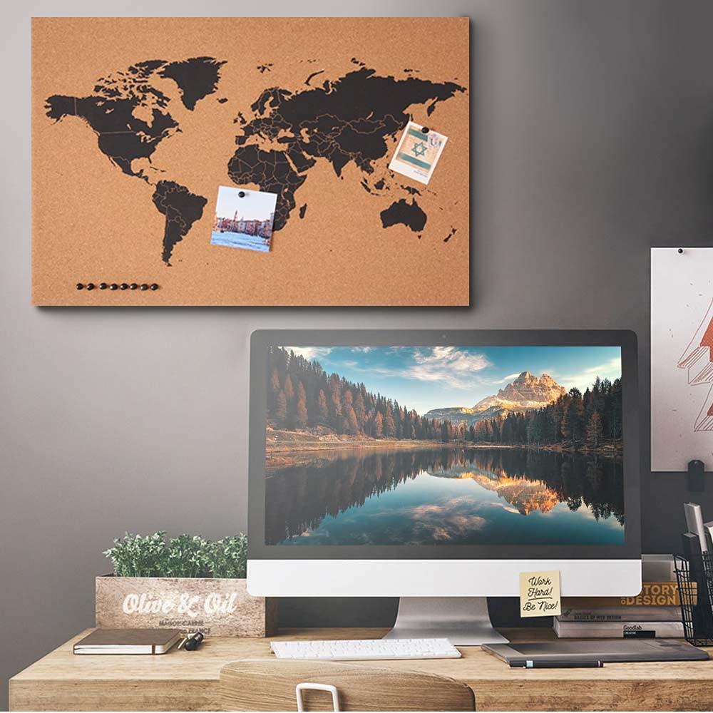 BAKAJI Panel tablicy ogłoszeń globus korkowy mapa świata mapa świata drewniana rama rozmiar 60 x 40 cm ściana ścienna nowoczesny design z 10 pinami pomysł na prezent