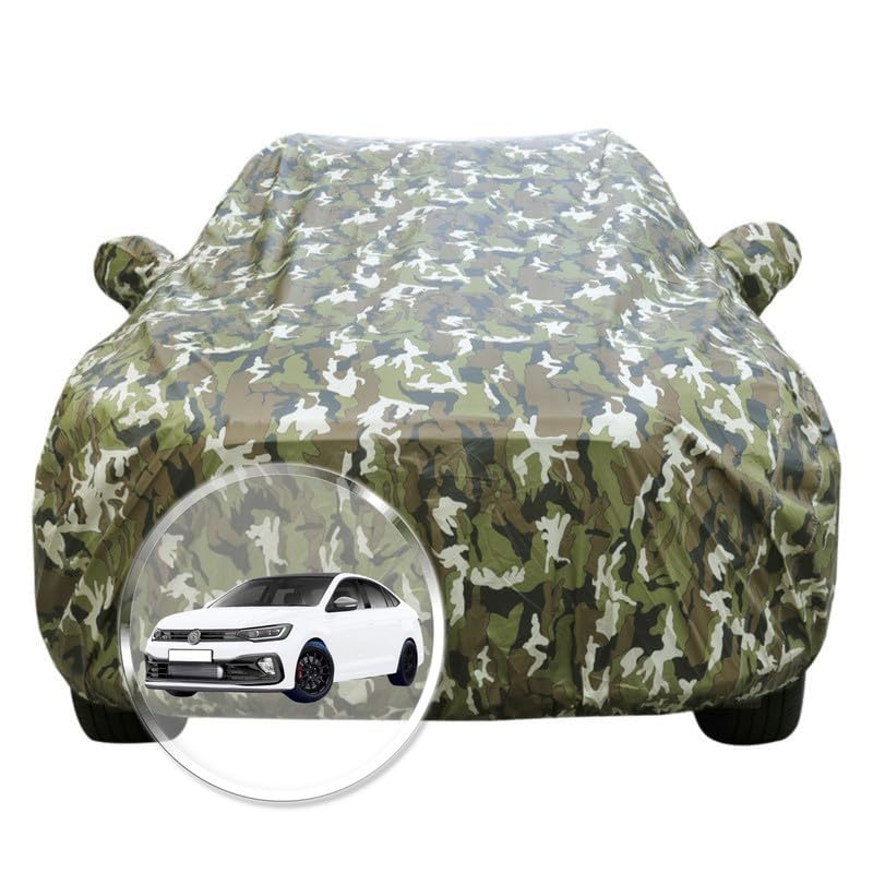 Image of NEODRIFT 'JungleTech' Car Cover for Volkswagen Virtus (Tailored Fit, Multi-Layered & Breathable Fabric, 100% Water-Resistant, All Weather Protection) (Colour: Military)