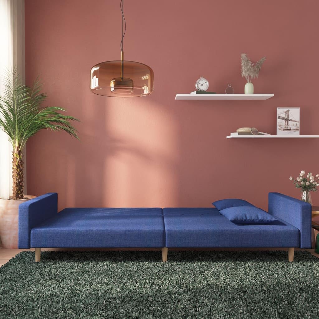 Sofá cama, 2 plazas, con 2 cojines de tela, acolchado, para salón y oficina, color azul