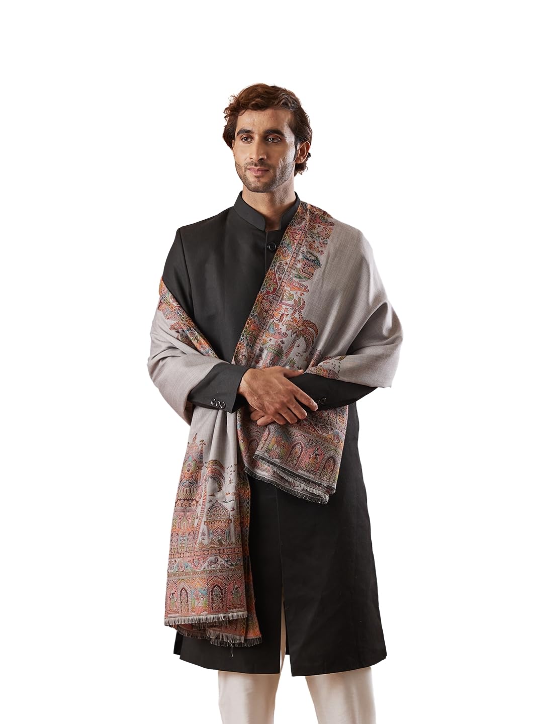 Men Rajwada Jamawar Shawl, Authentic Kashmiri Luxury Pashmina Style Shawl, Stole, Medium Size for Gents, Size 40x80 Inches.