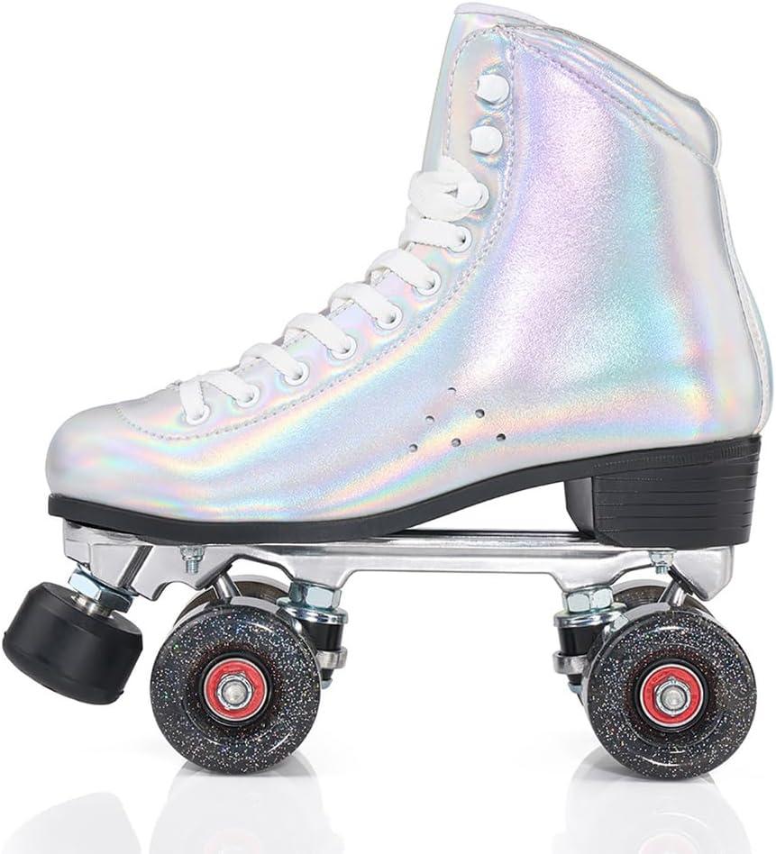 Indoor Roller Skates Women Adult, Microfiber Material Double Row 4 Glowing Wheels Design Roller Derby Skates for Girls and Boys