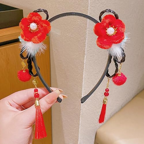1pc Chinese Style Hair Clips, Braided Tassel Flower Hair Hoop for Women, New Year Headwear Accessories - Red 5