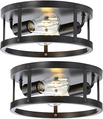 2 Pack Flush Mount Ceiling Lights, Black Metal Close to Ceiling Light Fixtures, Farmhouse 11 Inch Industrial Indoor Ceiling Lamp for House Kitchen Bedroom Hallway