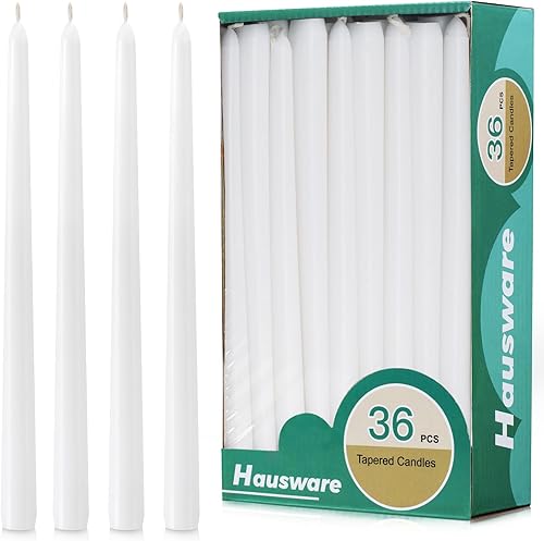 Paquete de 36 velas cónicas blancas, 8 horas de tiempo de combustión, sin perfume, sin goteo y sin humo, 10 pulgadas, elegante vela de cena de alta