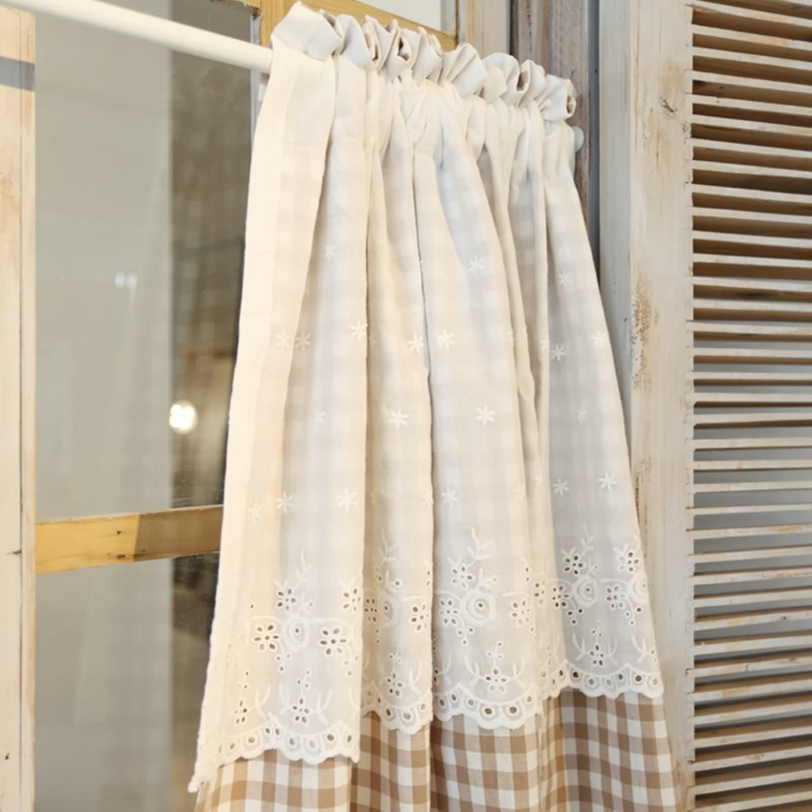 Rideaux Courts Occultants, Beige Kaki Rideau Fenetre Cuisine Lot de 2 Coton Motif À Carreaux avec Dentelle LxH 115x115cm
