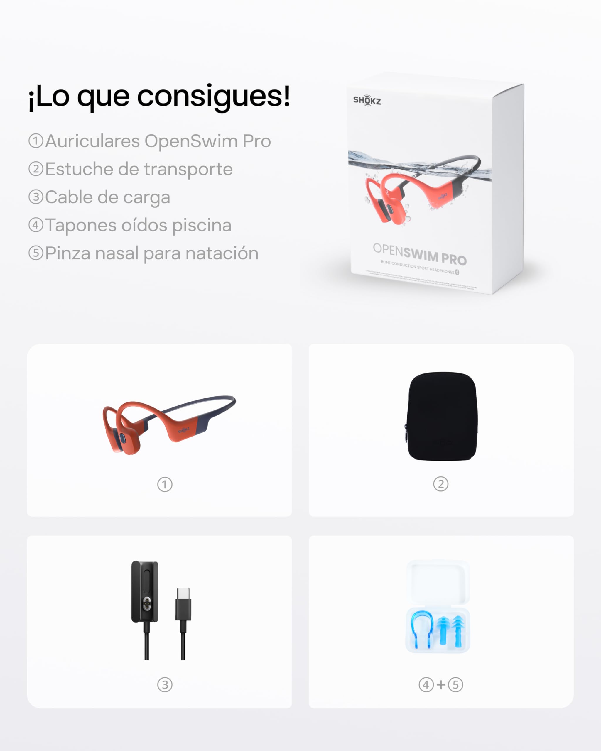 SHOKZ OpenSwim Pro Auriculares Conducción Ósea Natación Bluetooth 5.4, Rojo | Impermeable IP68 | Mics con Cancelación Ruido | Carga Inalámbrica | 9H Autonomía | 32GB MP3 | Open-Ear | para Nadar Deportivo